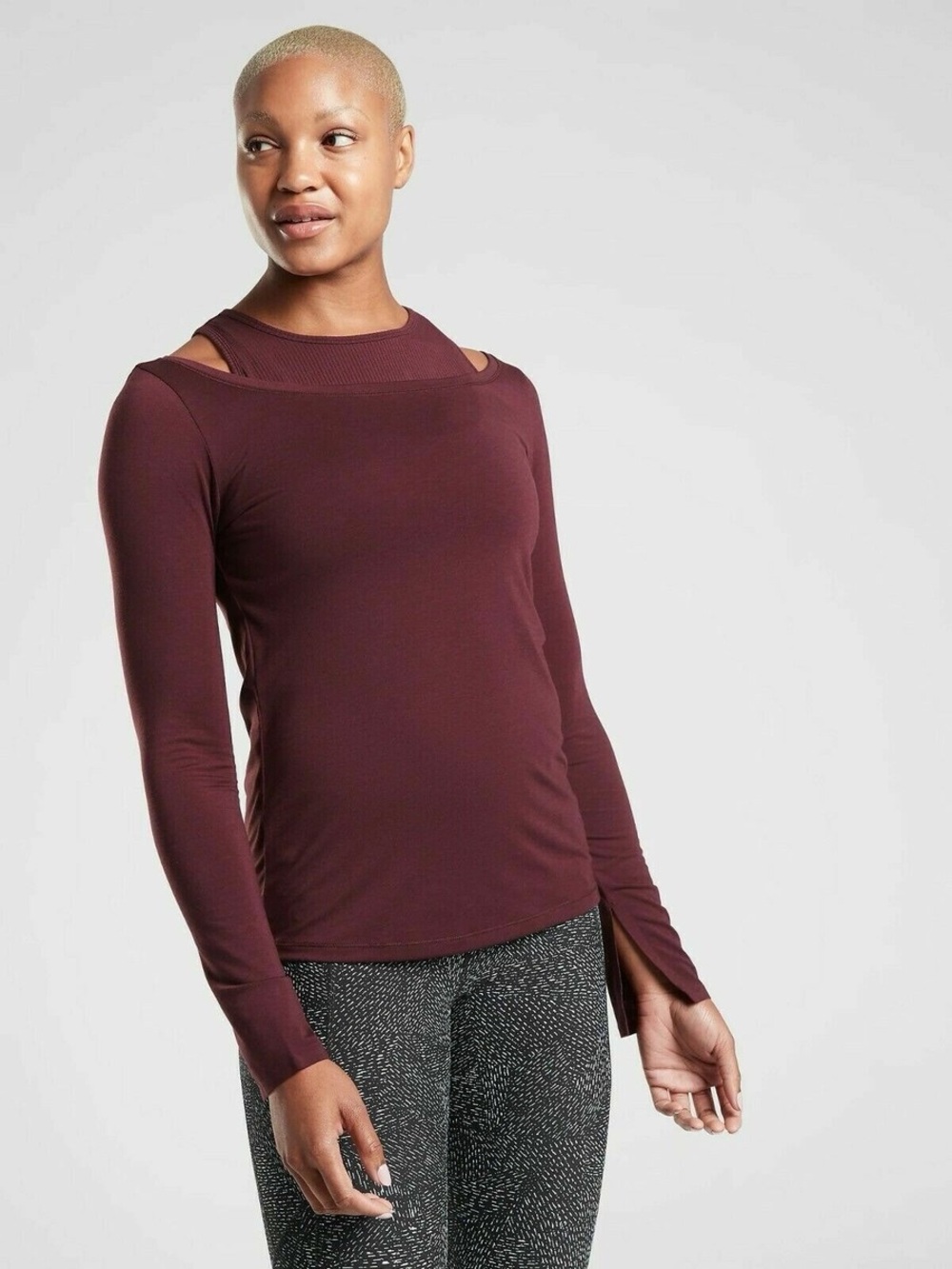 Athleta Off Shoulder Long Sleeve Top Burgundy Wine Sz L